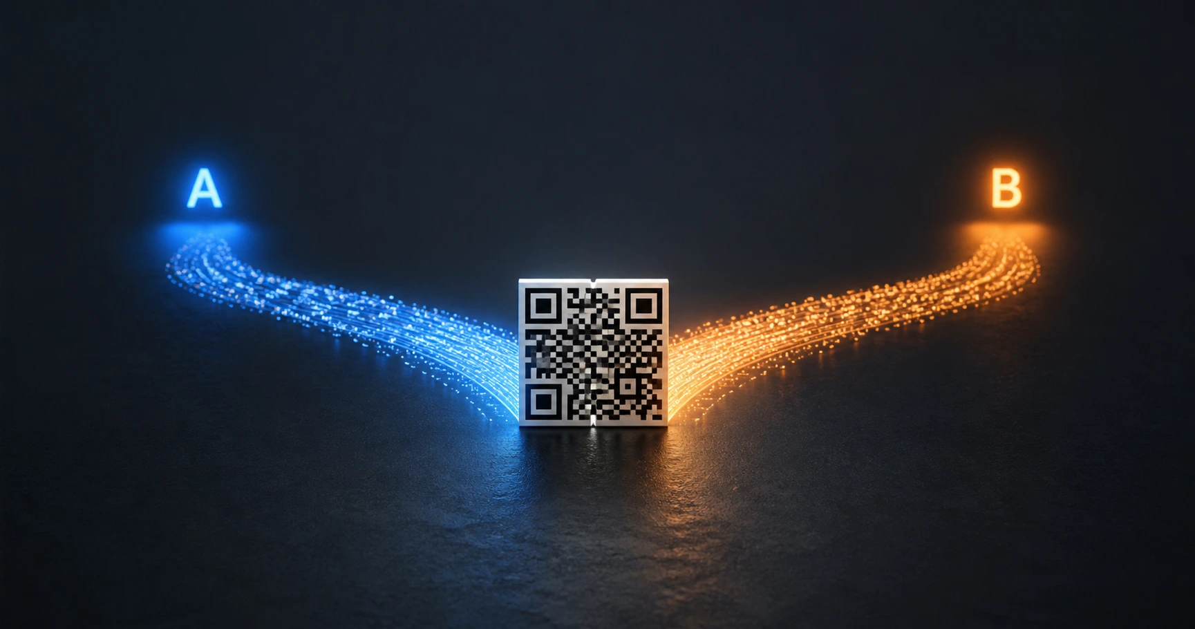 Abstract visualization of two diverging digital paths emerging from a single physical QR code, representing A/B testing in the real world