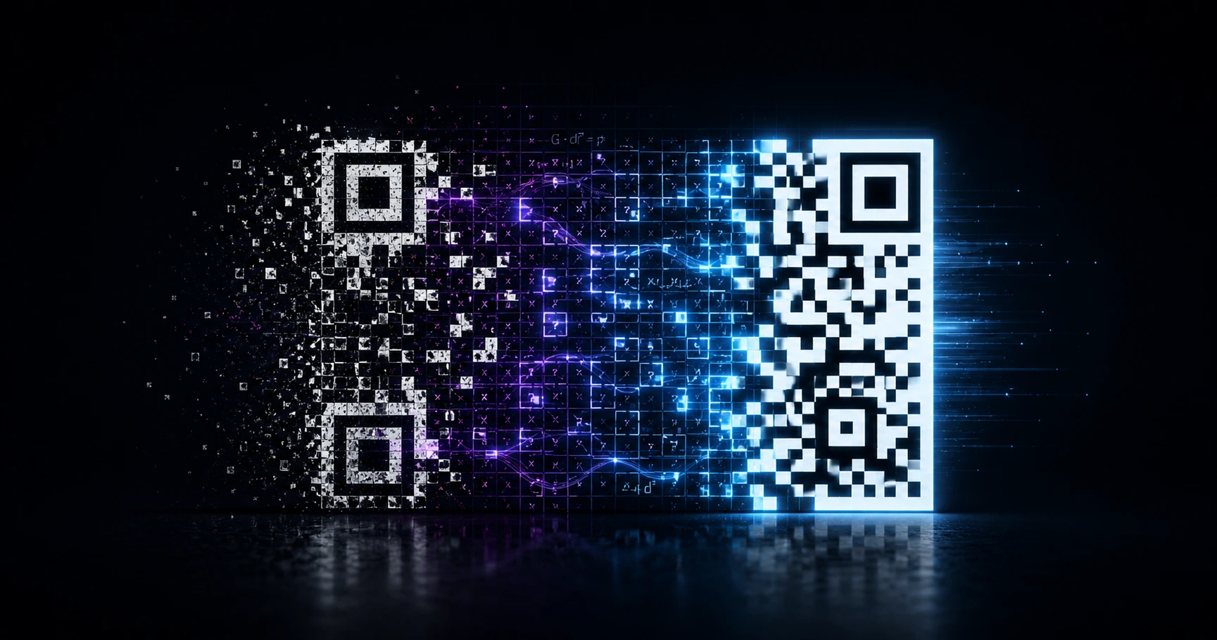 Abstract visualization of a QR code matrix mathematically rebuilding its damaged data modules using error correction algorithms