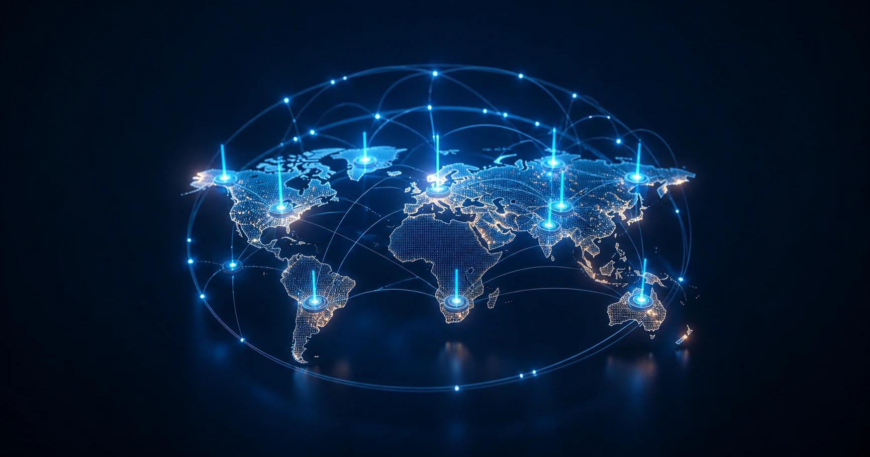 Abstract representation of a global edge computing network illuminating connected city nodes, symbolizing high-availability infrastructure