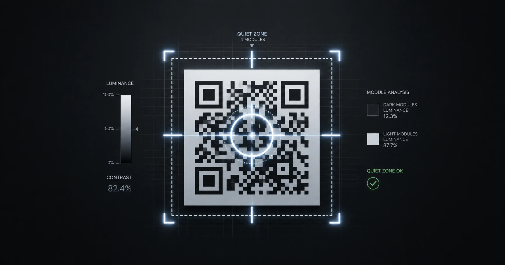 Abstract visualization of a smartphone camera sensor analyzing the luminance contrast and quiet zone of a digital QR matrix