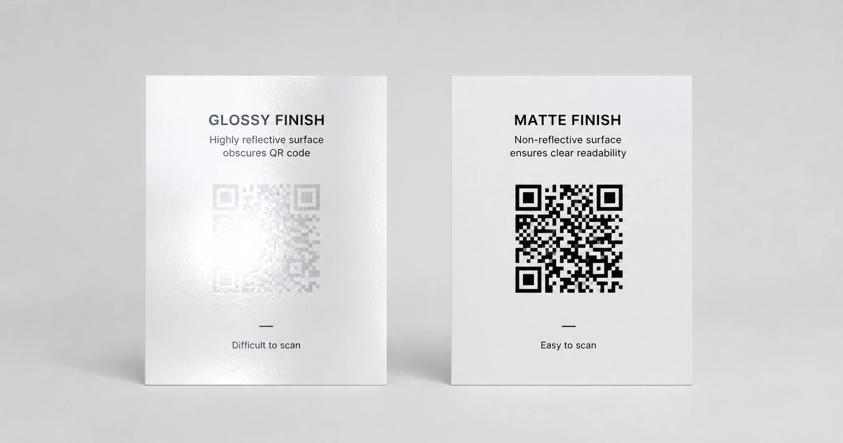 A side-by-side comparison of a highly reflective glossy paper surface obscuring a QR code next to a crisp, scannable matte finish.