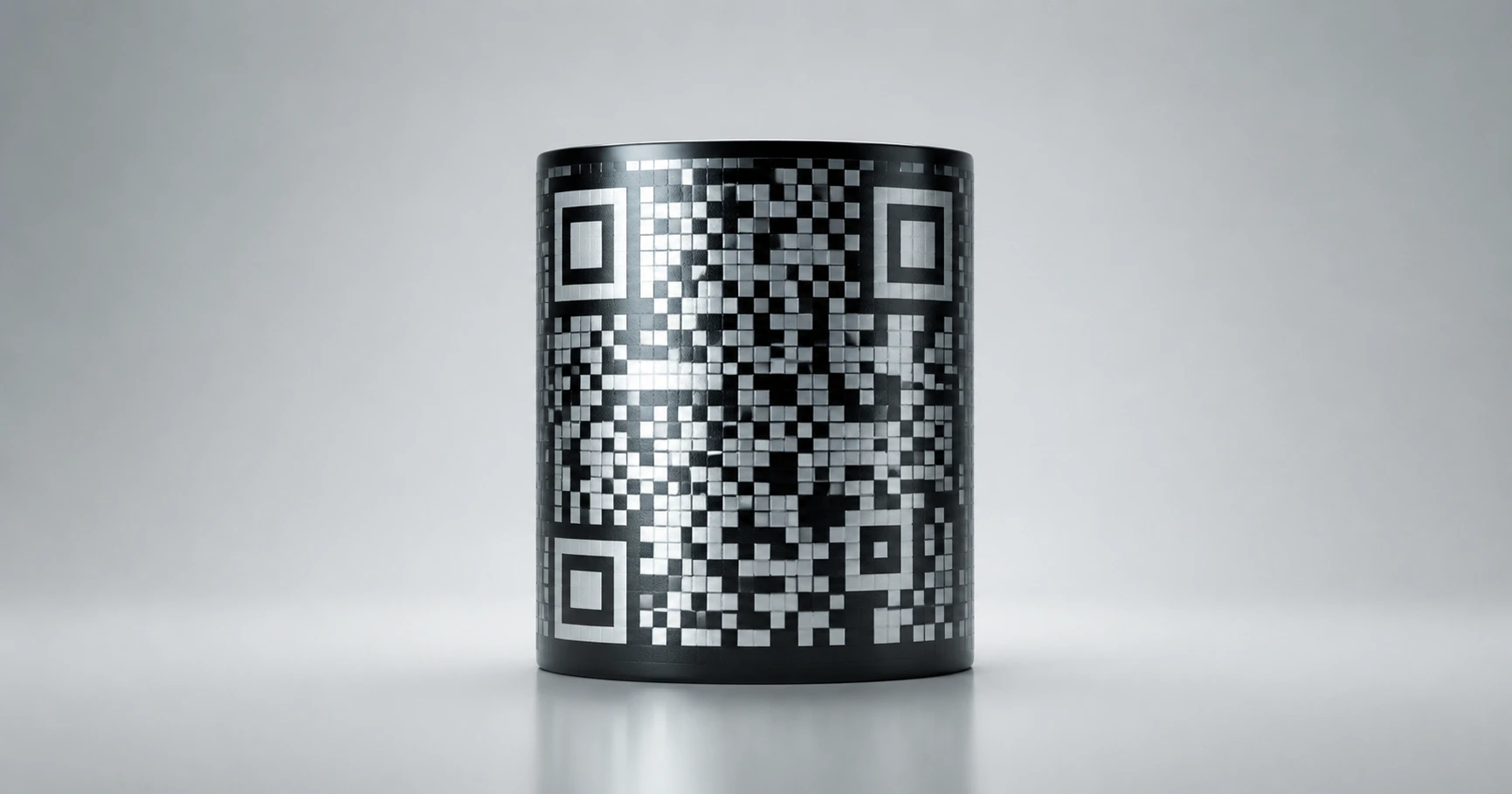 Abstract visualization of a digital QR code matrix wrapping around a glossy, textured cylindrical surface under bright studio lighting