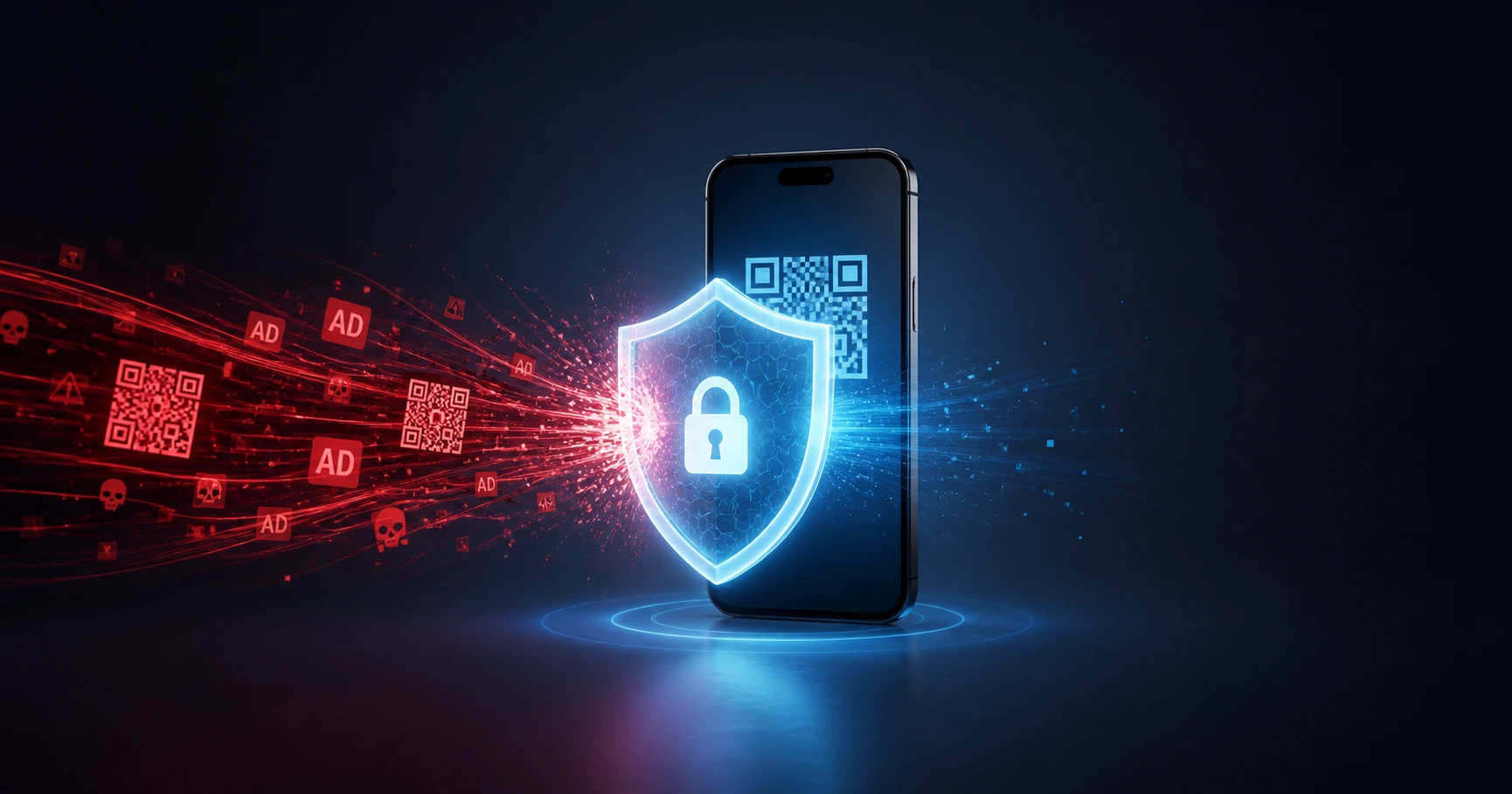 Abstract visualization of a warning sign blocking a mobile device from malicious ad-injected QR code redirects