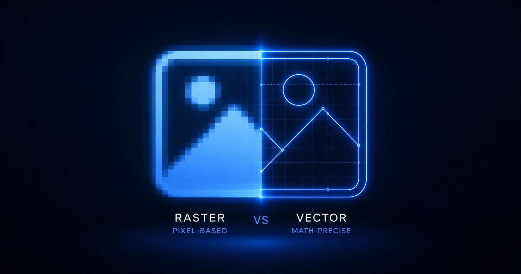Abstract visualization comparing a blurry, pixelated raster graphic against a sharp, mathematically precise vector path
